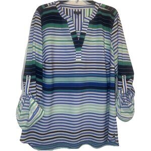 Talbots Women’s Blue Striped Long Roll Tab Sleeve V Neck Tunic Blouse Top Sz 1X